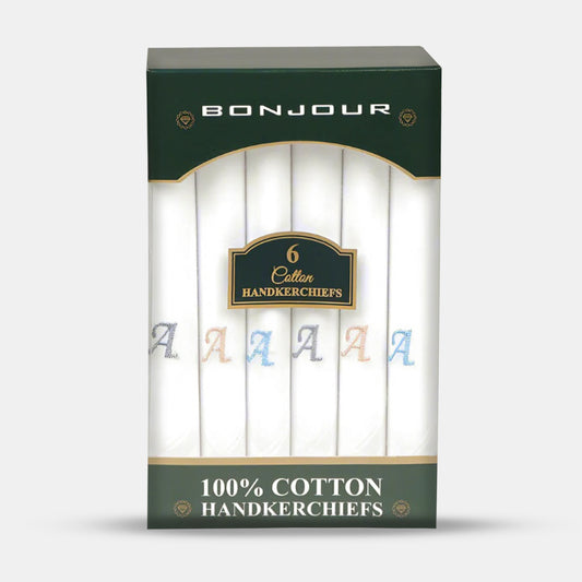 Men's White Cotton Handkerchief With Alphabetical Initial - Pack Of 6
