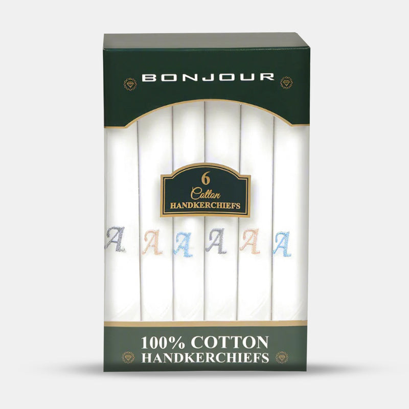 Men's White Cotton Handkerchief With Alphabetical Initial - Pack Of 6