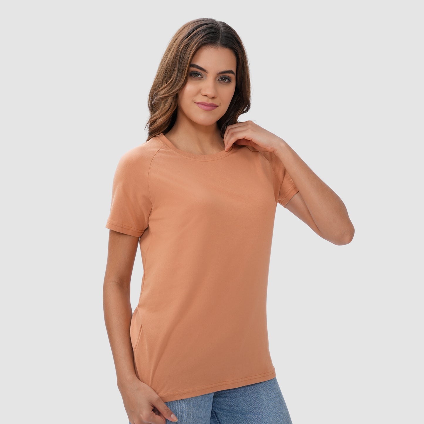 Women Knitted Fabric Regular Fit Short Sleeve Tee/T-shirt - Macchiato