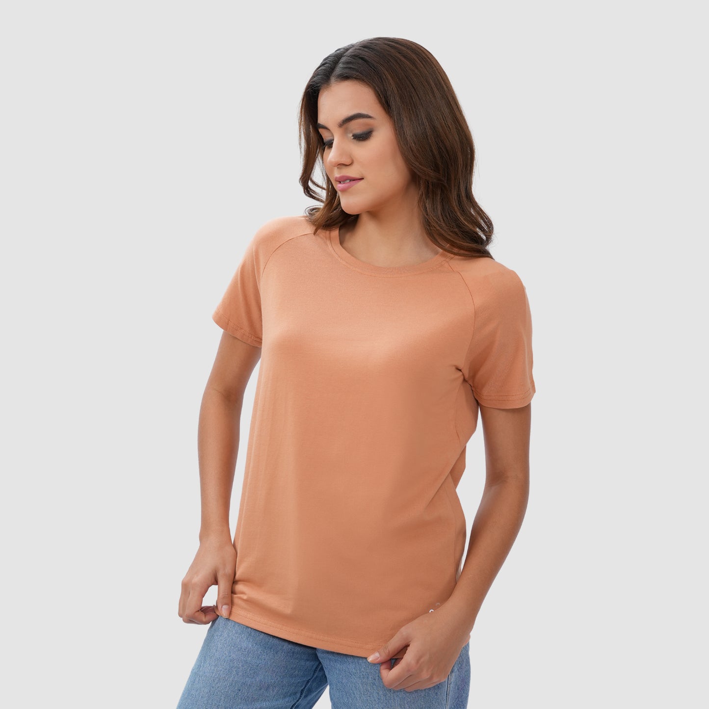 Women Knitted Fabric Regular Fit Short Sleeve Tee/T-shirt - Macchiato