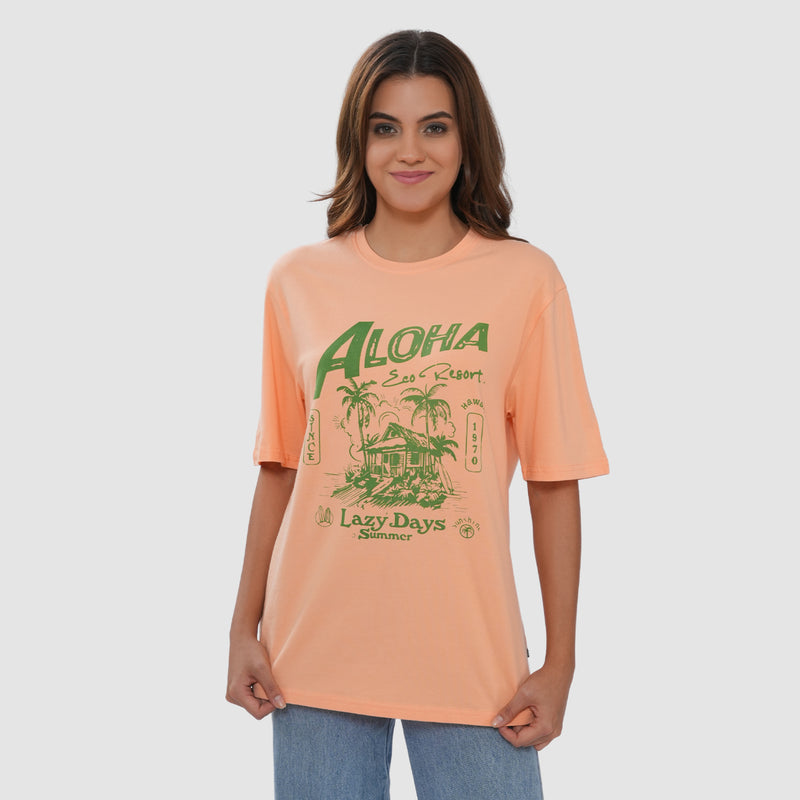 Women Knitted Fabric Regular Fit Half Sleeve Tee/T-shirt - Soft Peach