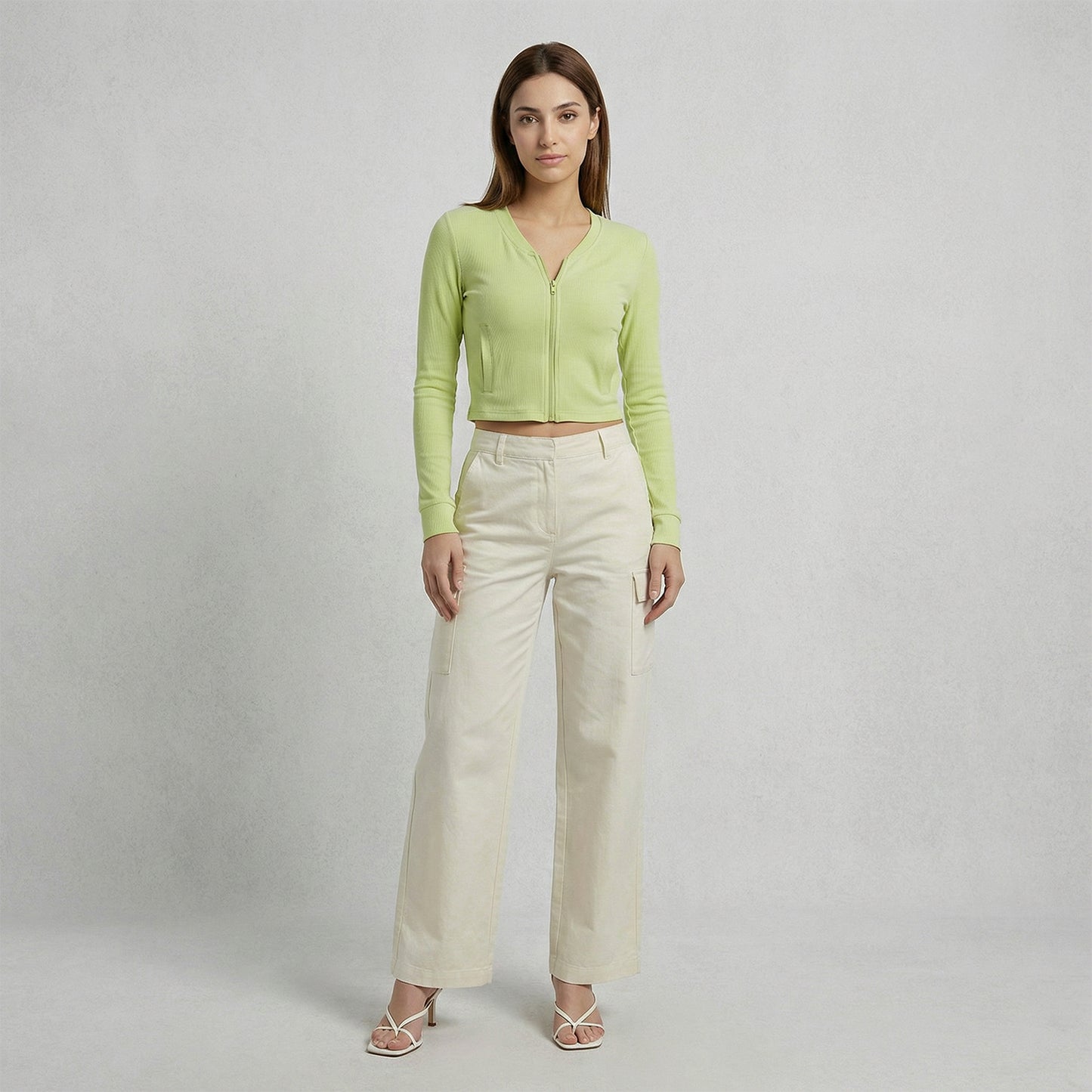 Women’s Forest Green Ribbed Zip-Up Cropped Jacket (Pack of 1)