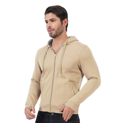 Men’s Solid Zipper Hooded Jacket (Cream)