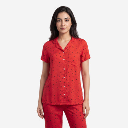 Women's Printed Shirt & Capri Night Suit Set (Red)