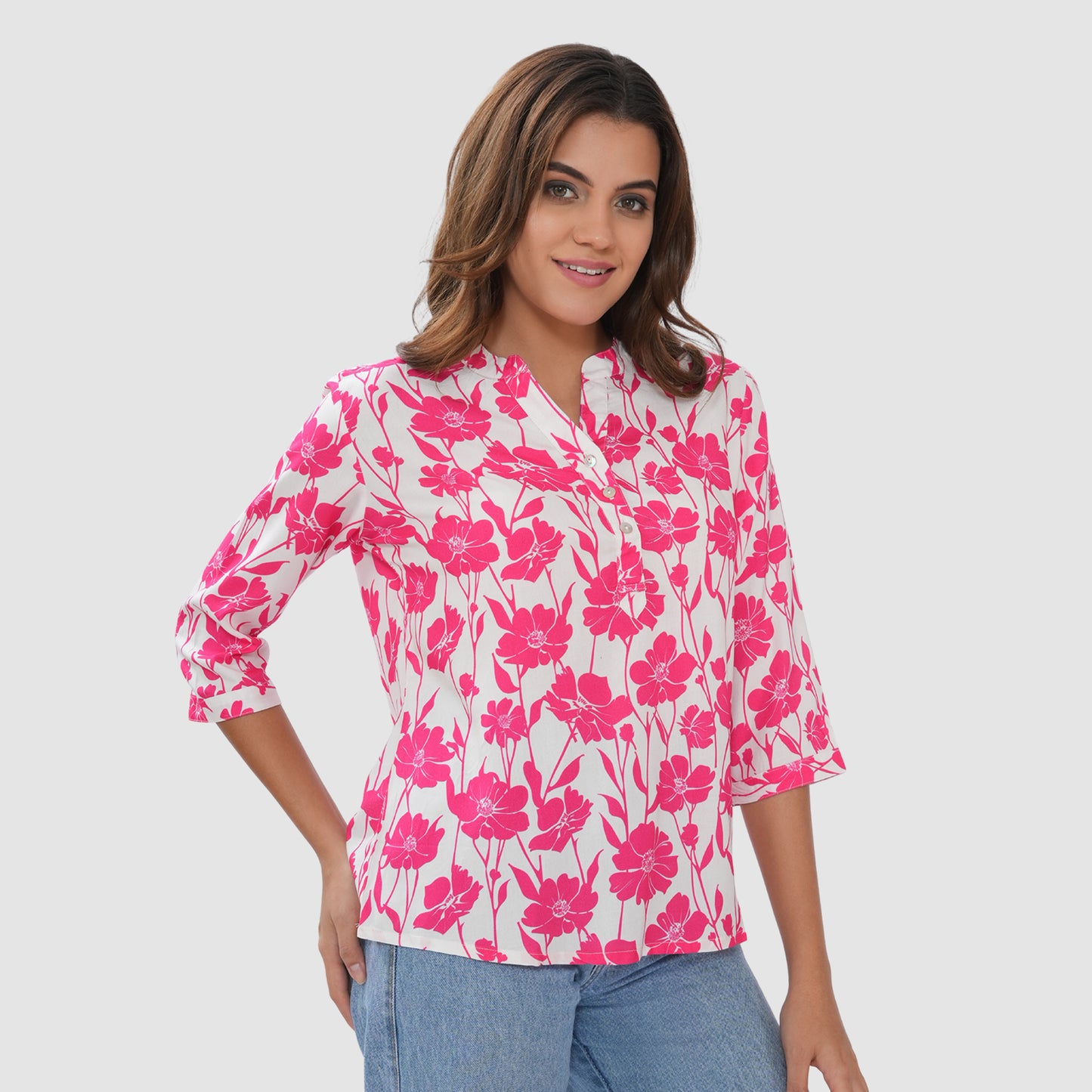 Women’s Printed Cotton Casual Top with 3/4 Sleeves & Button Placket