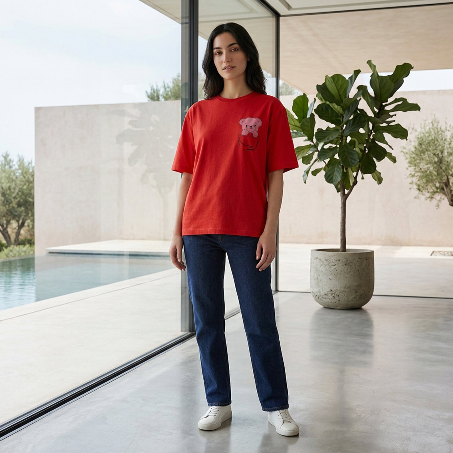 Women's True Red Oversized Printed T-Shirt