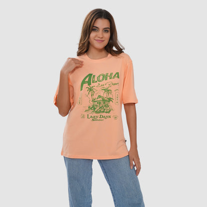 Women Knitted Fabric Regular Fit Half Sleeve Tee/T-shirt - Soft Peach