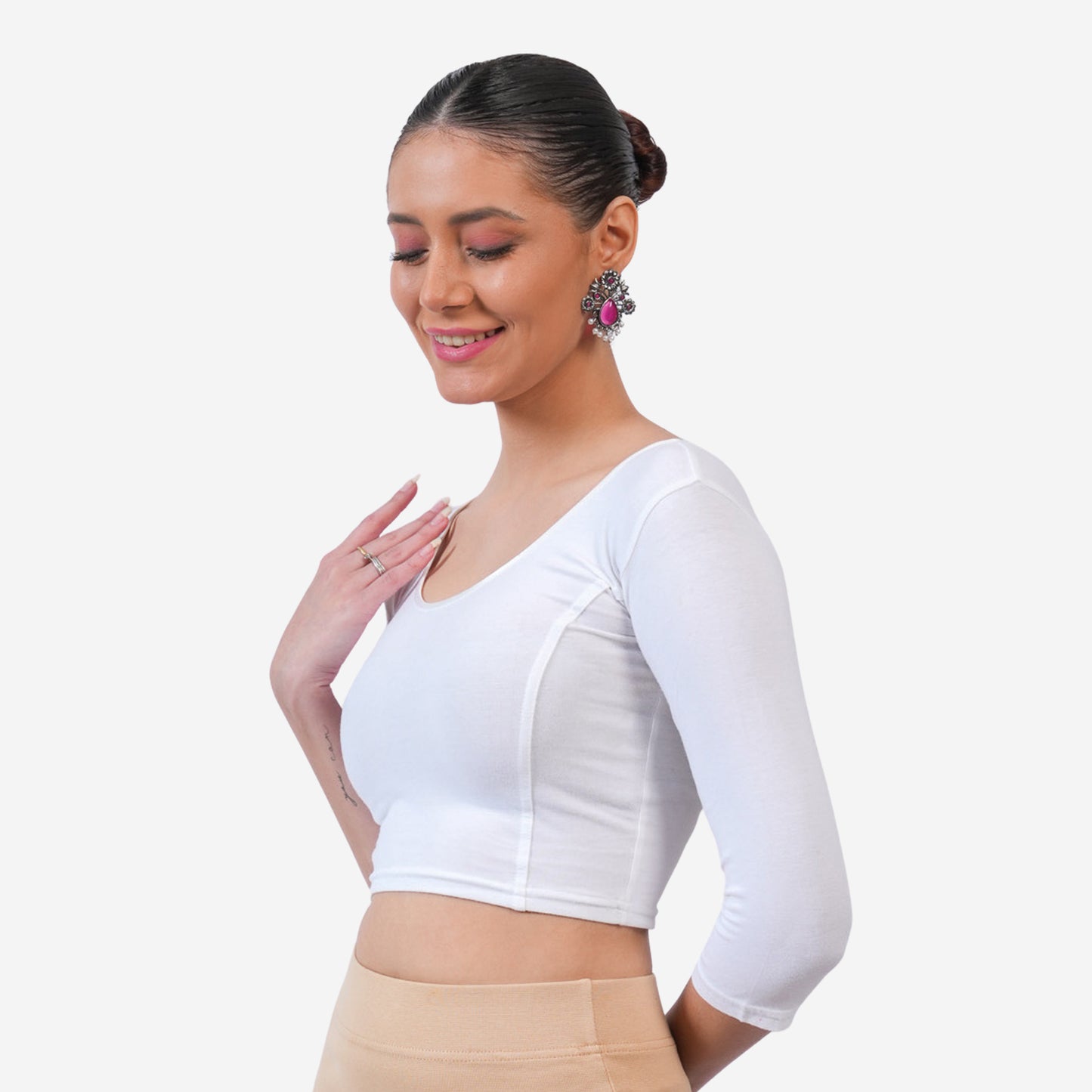 Women's 3/4 Length Cotton Stretchable Readymade Plain Blouse - White