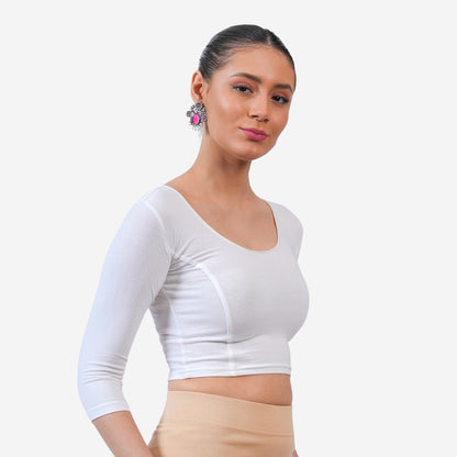 Women's 3/4 Length Cotton Stretchable Readymade Plain Blouse - White