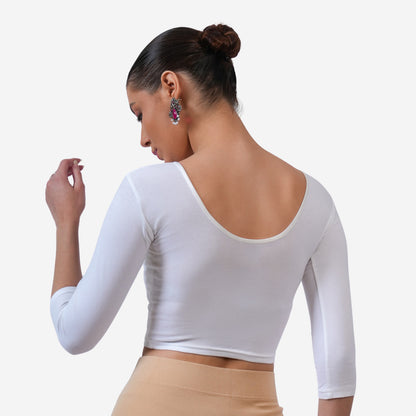 Women's 3/4 Length Cotton Stretchable Readymade Plain Blouse - White