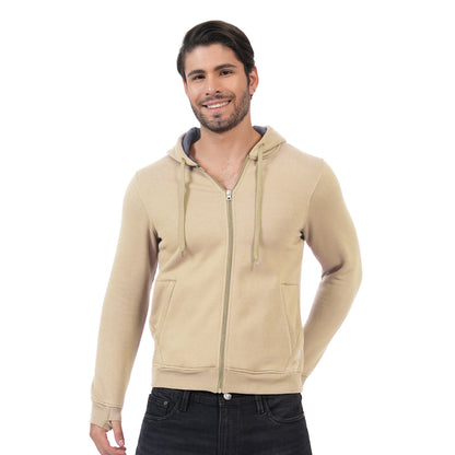 Men’s Solid Zipper Hooded Jacket (Cream)