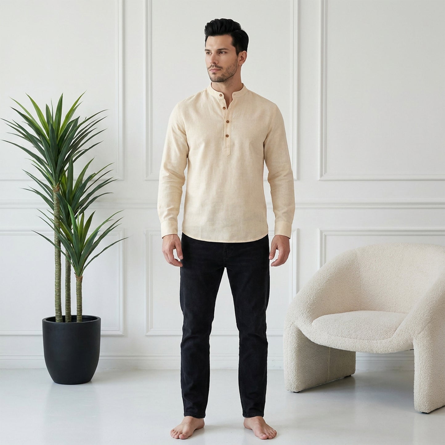 Men’s Linen Short Kurta | Solid Cream Mandarin Collar