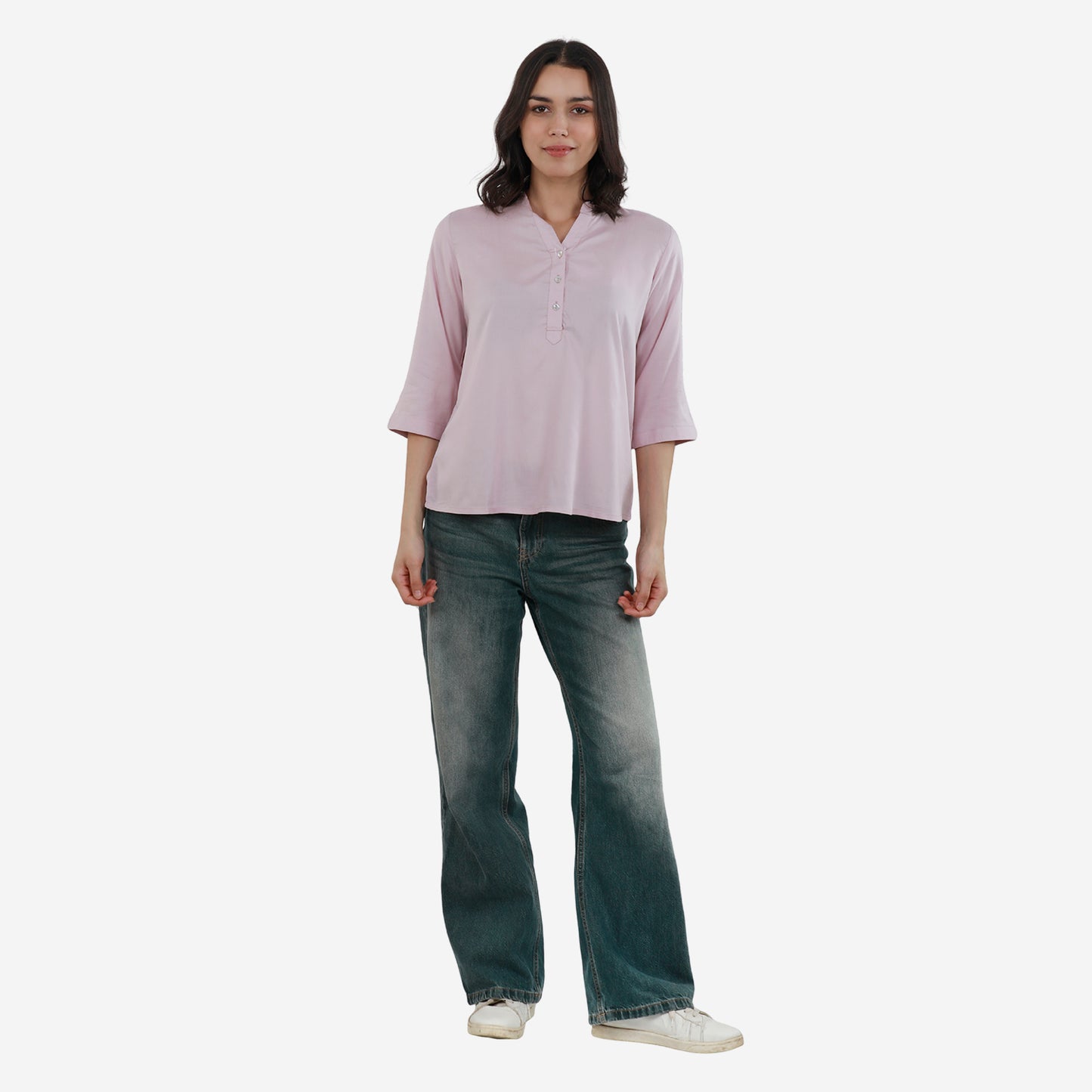 Tunic 3/4 Sleeve Plain Top for Women & Girls (S Pink)
