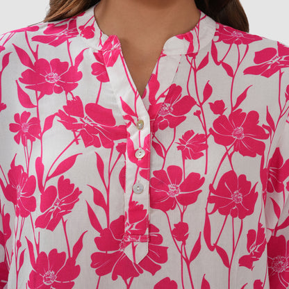 Women’s Printed Cotton Casual Top with 3/4 Sleeves & Button Placket