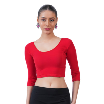 Women's 3/4 Length Cotton Stretchable Readymade Plain Blouse - True Red