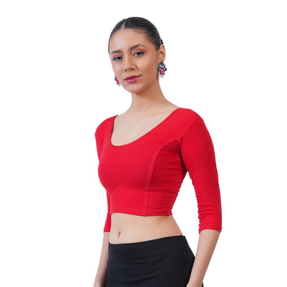Women's 3/4 Length Cotton Stretchable Readymade Plain Blouse - True Red