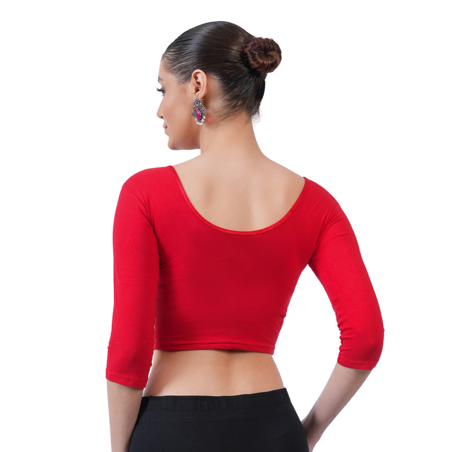 Women's 3/4 Length Cotton Stretchable Readymade Plain Blouse - True Red