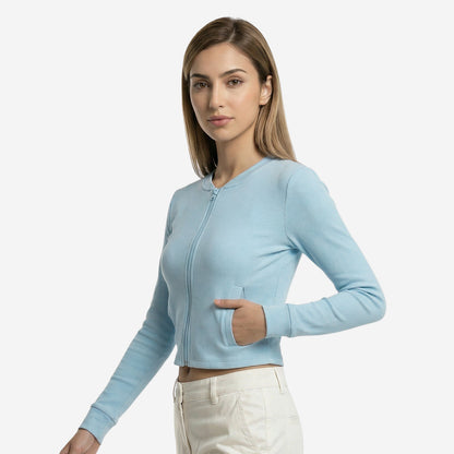 Women’s Lt.Blue Ribbed Zip-Up Cropped Jacket (Pack of 1)