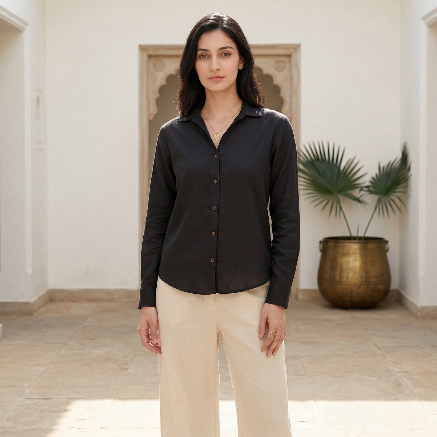 Women Linen Comfort Shirt - (Black)