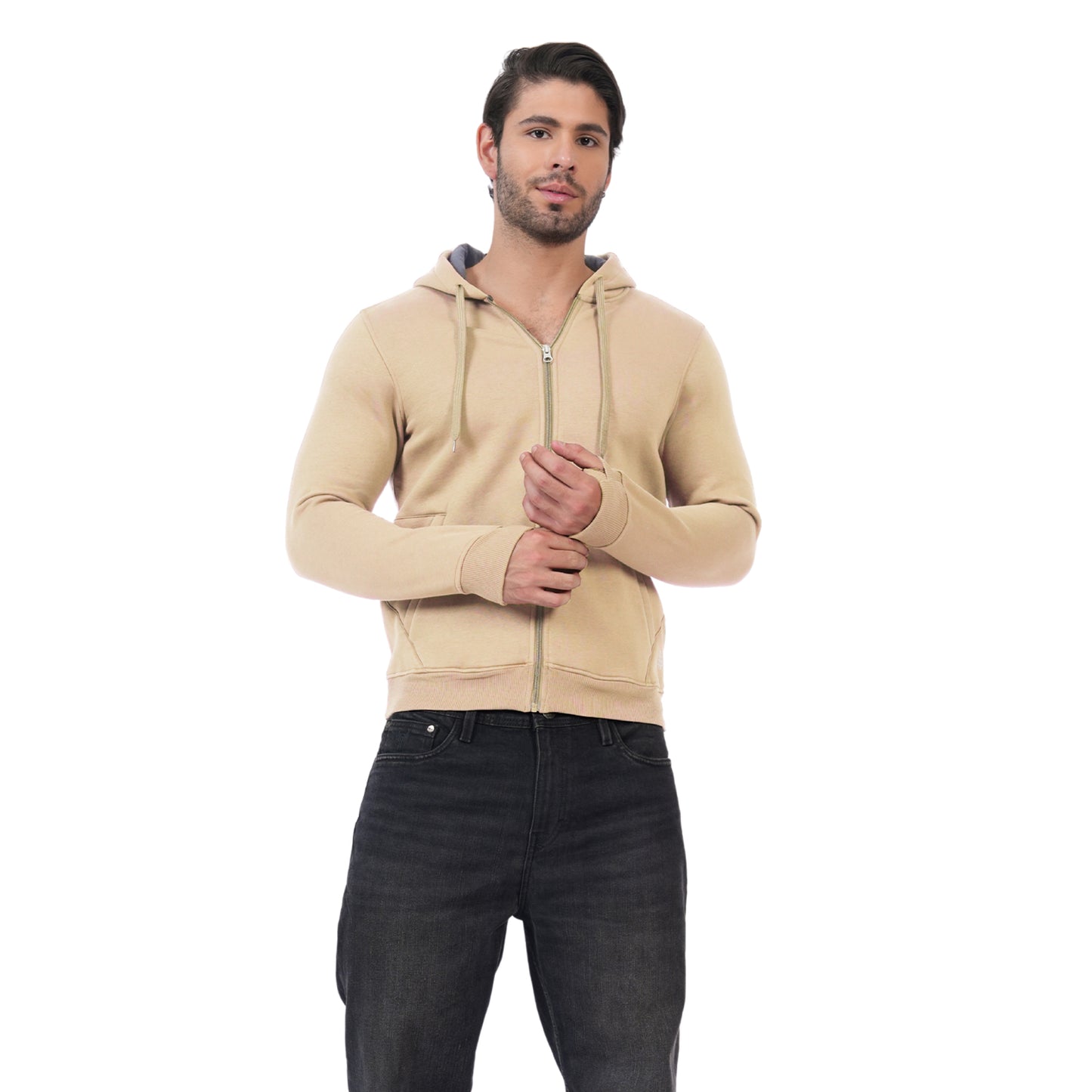 Men’s Solid Zipper Hooded Jacket (Cream)