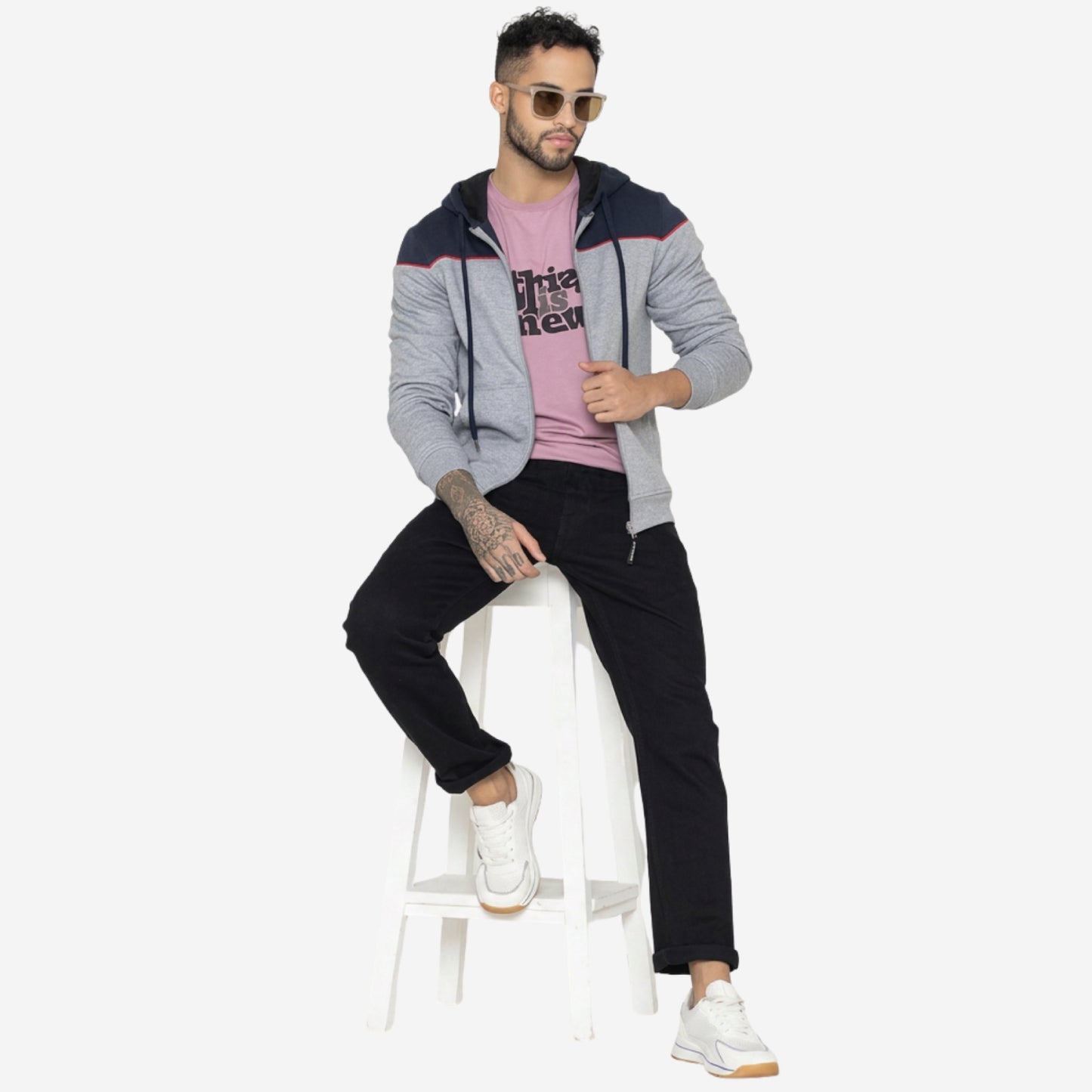 Relaxed Fit Printed Zip-Through Hoodie for Men (Grey)