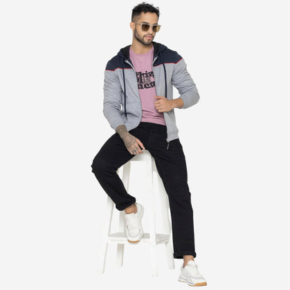 Relaxed Fit Printed Zip-Through Hoodie for Men (Grey)
