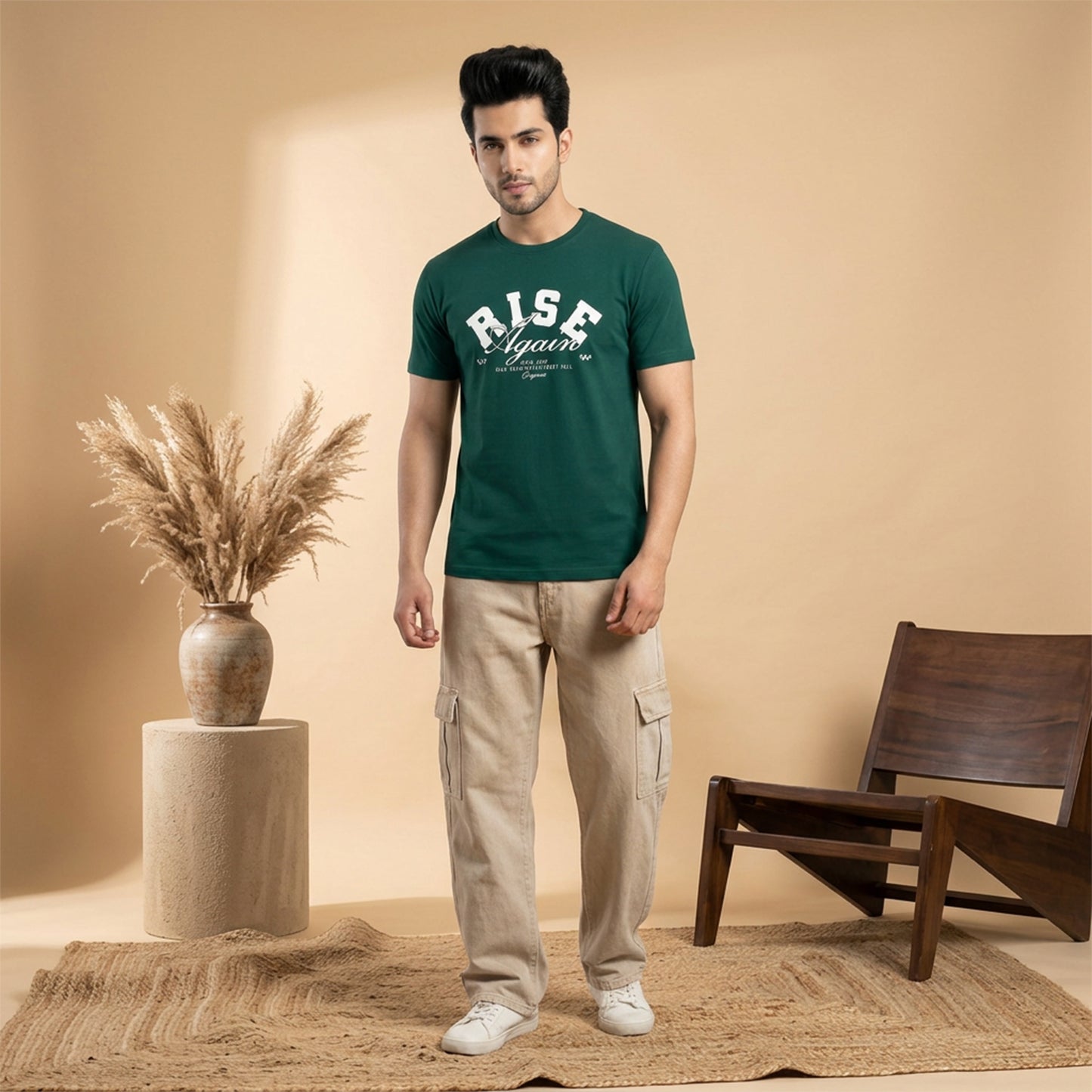 Men's Green Printed Round Neck Short Sleeve T-Shirt
