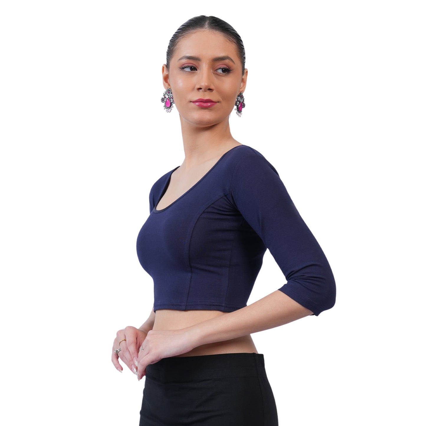 Vami Women's 3/4 Length Cotton Stretchable Readymade Plain Blouse  - Navy