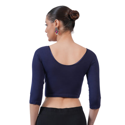 Vami Women's 3/4 Length Cotton Stretchable Readymade Plain Blouse  - Navy