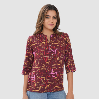 Women’s Printed Cotton Casual Top with 3/4 Sleeves & Button Placket