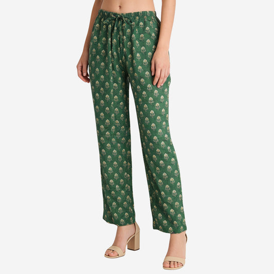 Women Printed Rayon Relaxed-Fit Lounge Pyjama Pants - Dark Green