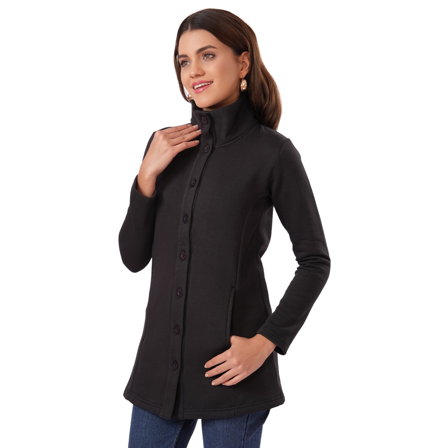 Women Winter High Neck Long Coat (Black)