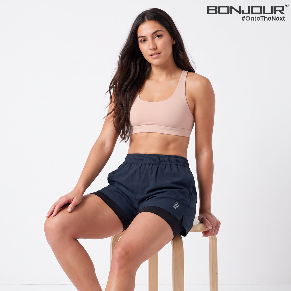 Bonjour Women's Polyester Blend Dual Layer Sports Shorts with Inner Tight | | Running Shorts with Inner Drawstring.