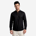 Men’s Linen Short Kurta | Solid Black Mandarin Collar