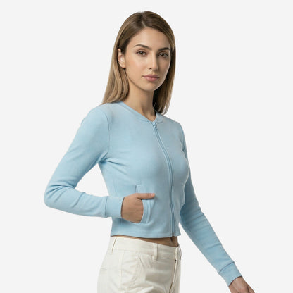 Women’s Lt.Blue Ribbed Zip-Up Cropped Jacket (Pack of 1)
