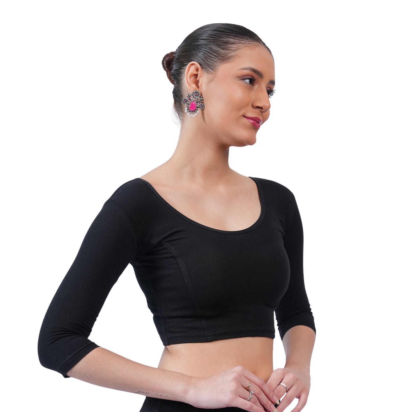 Women's 3/4 Length Cotton Stretchable Readymade Plain Blouse  - Black
