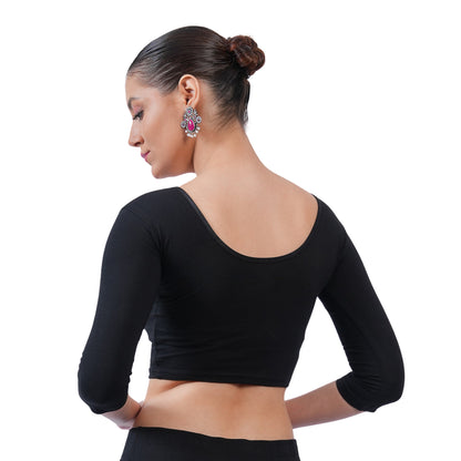 Women's 3/4 Length Cotton Stretchable Readymade Plain Blouse  - Black