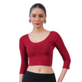 Vami Women's 3/4 Length Cotton Stretchable Readymade Plain Blouse  - Maroon