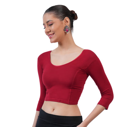 Vami Women's 3/4 Length Cotton Stretchable Readymade Plain Blouse  - Maroon