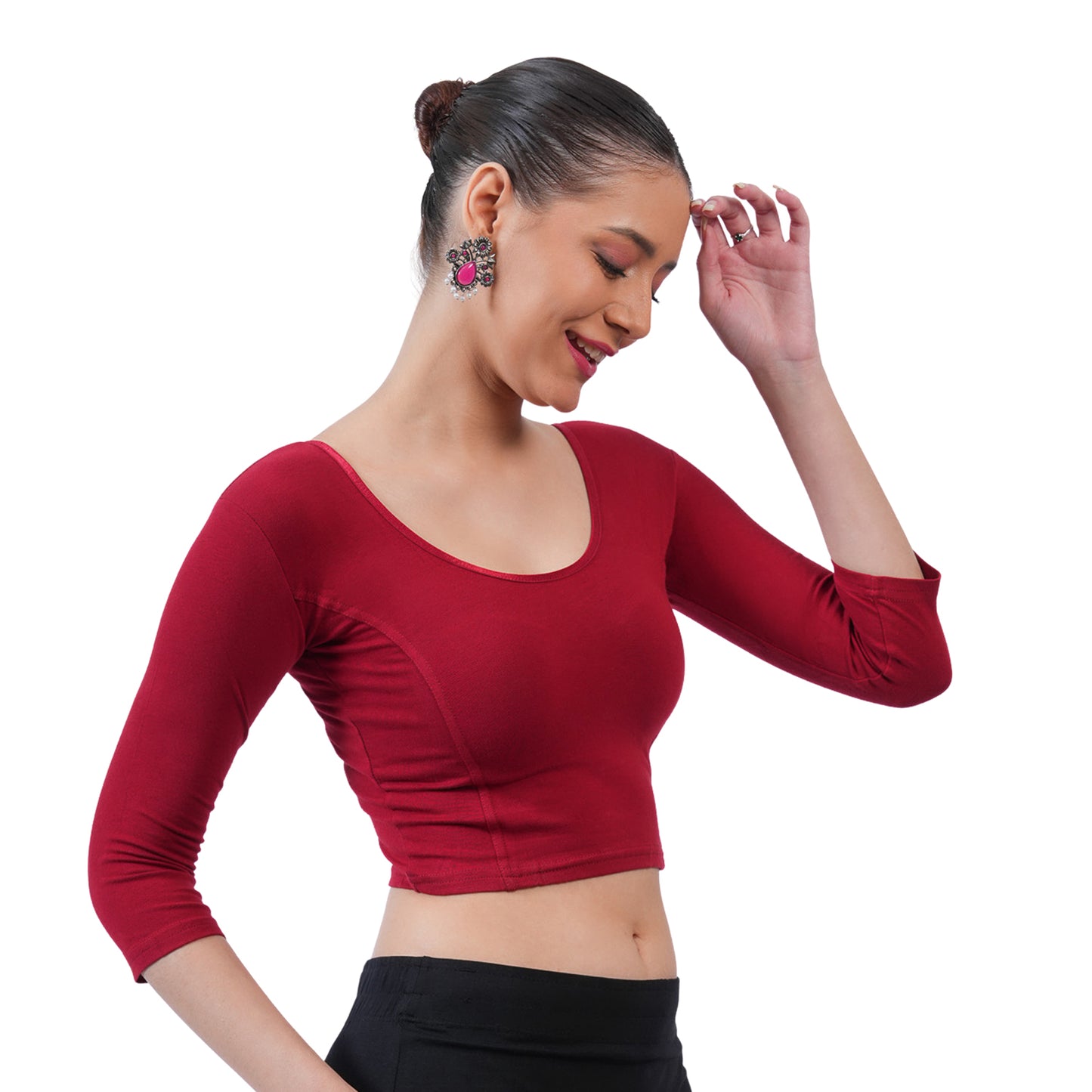 Vami Women's 3/4 Length Cotton Stretchable Readymade Plain Blouse  - Maroon