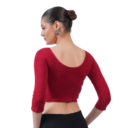 Vami Women's 3/4 Length Cotton Stretchable Readymade Plain Blouse  - Maroon