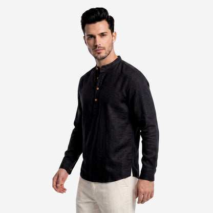 Men’s Linen Short Kurta | Solid Black Mandarin Collar