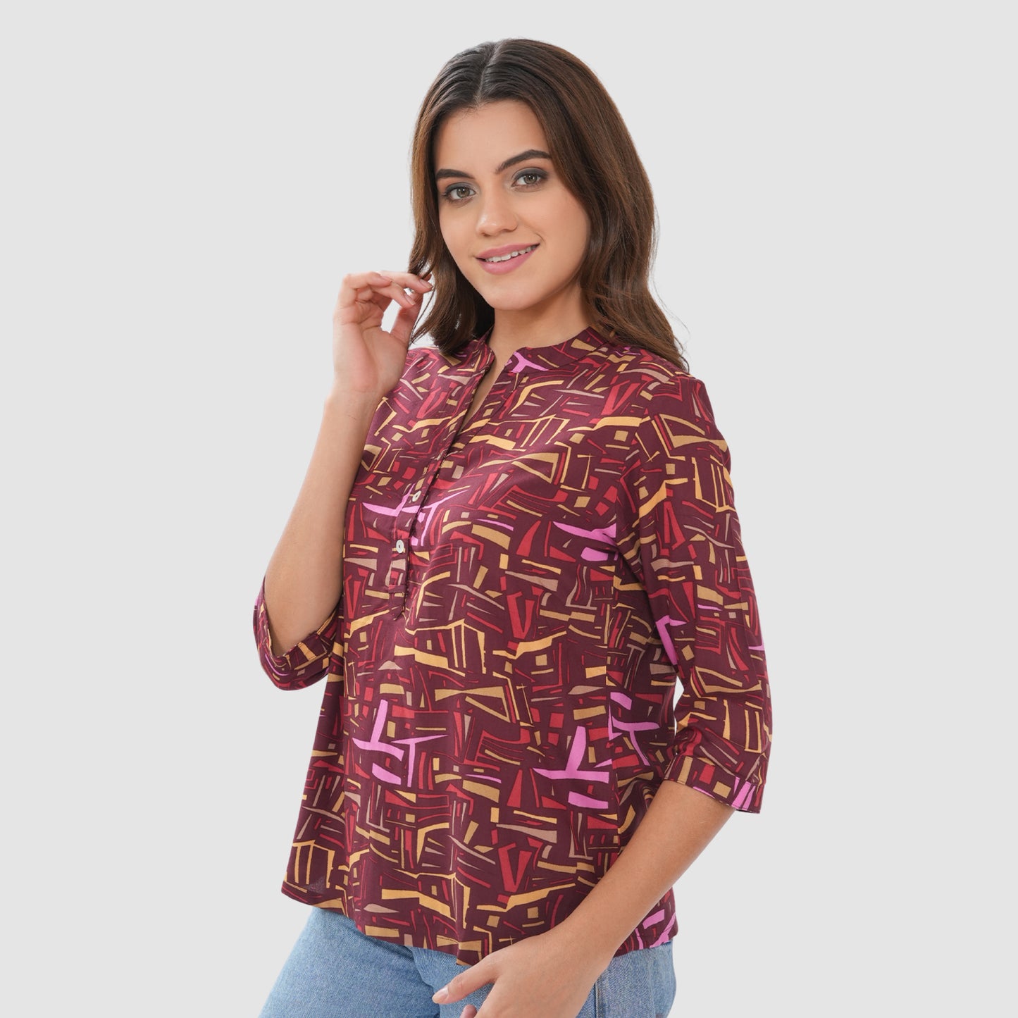 Women’s Printed Cotton Casual Top with 3/4 Sleeves & Button Placket