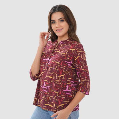 Women’s Printed Cotton Casual Top with 3/4 Sleeves & Button Placket