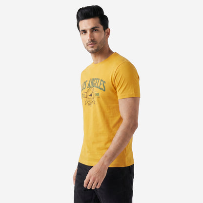 Men's Mustard Printed Round Neck Short Sleeve T-Shirt