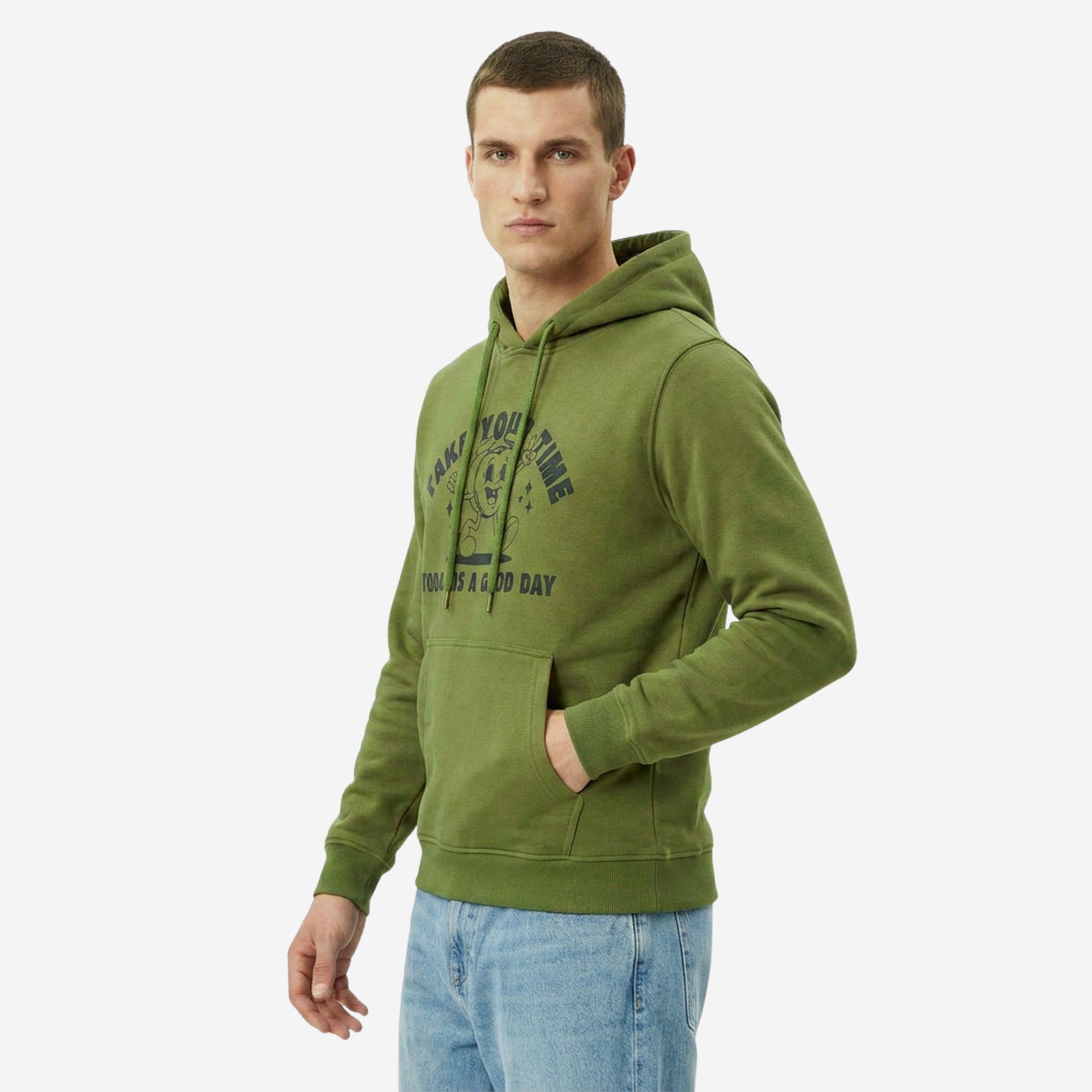 Relaxed Fit Printed Pullover Hoodie for Men (Olive)
