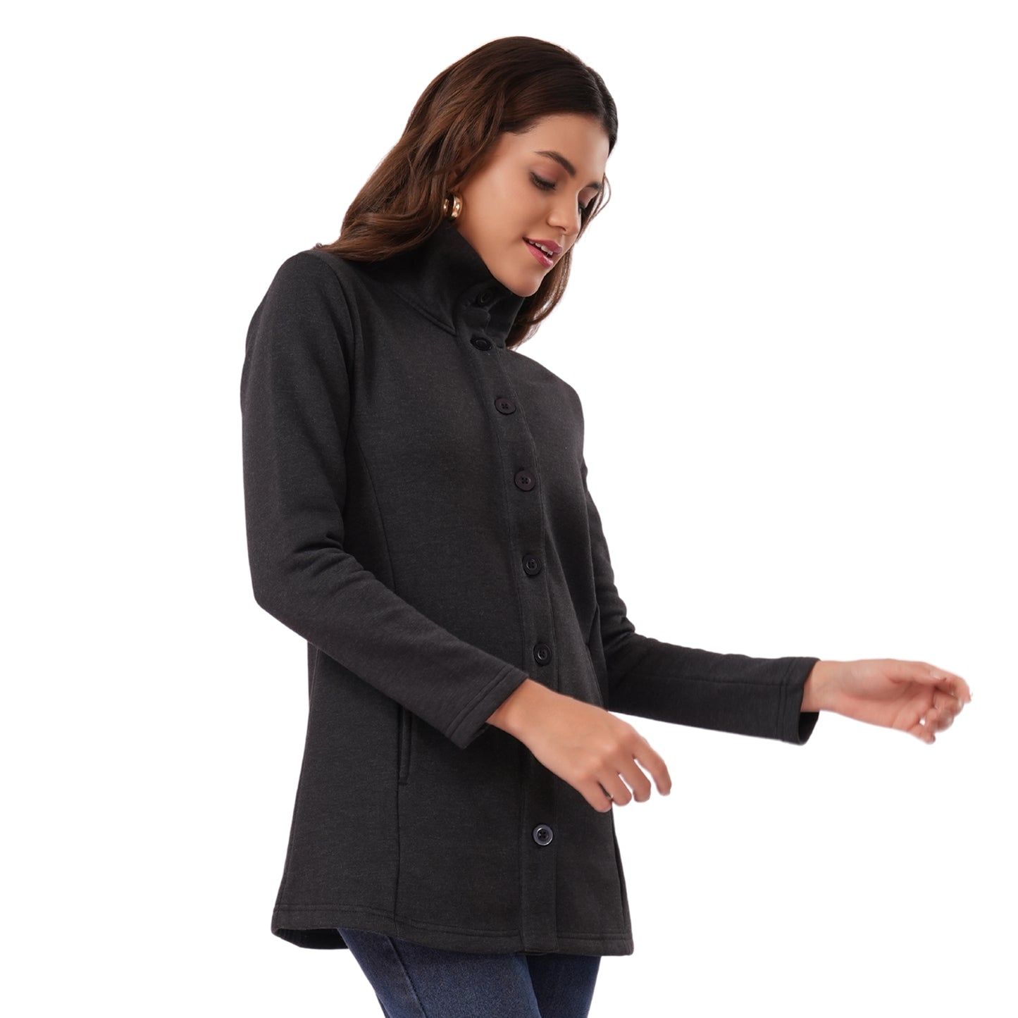 Women Winter High Neck Long Coat (Black)