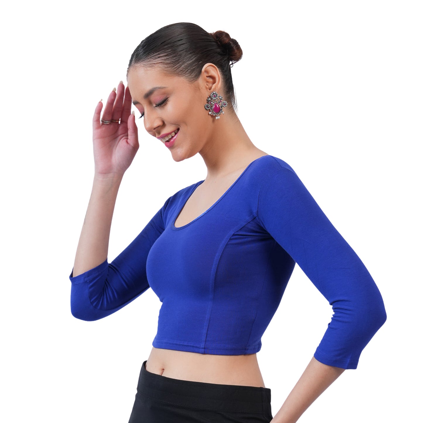Women's 3/4 Length Cotton Stretchable Readymade Plain Blouse - Ink Blue