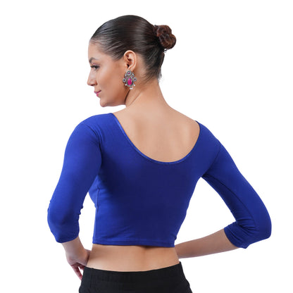 Women's 3/4 Length Cotton Stretchable Readymade Plain Blouse - Ink Blue