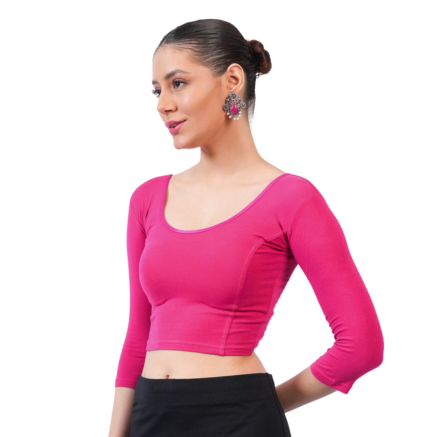 Vami Women's 3/4 Length Cotton Stretchable Readymade Plain Blouse - Fuchsia